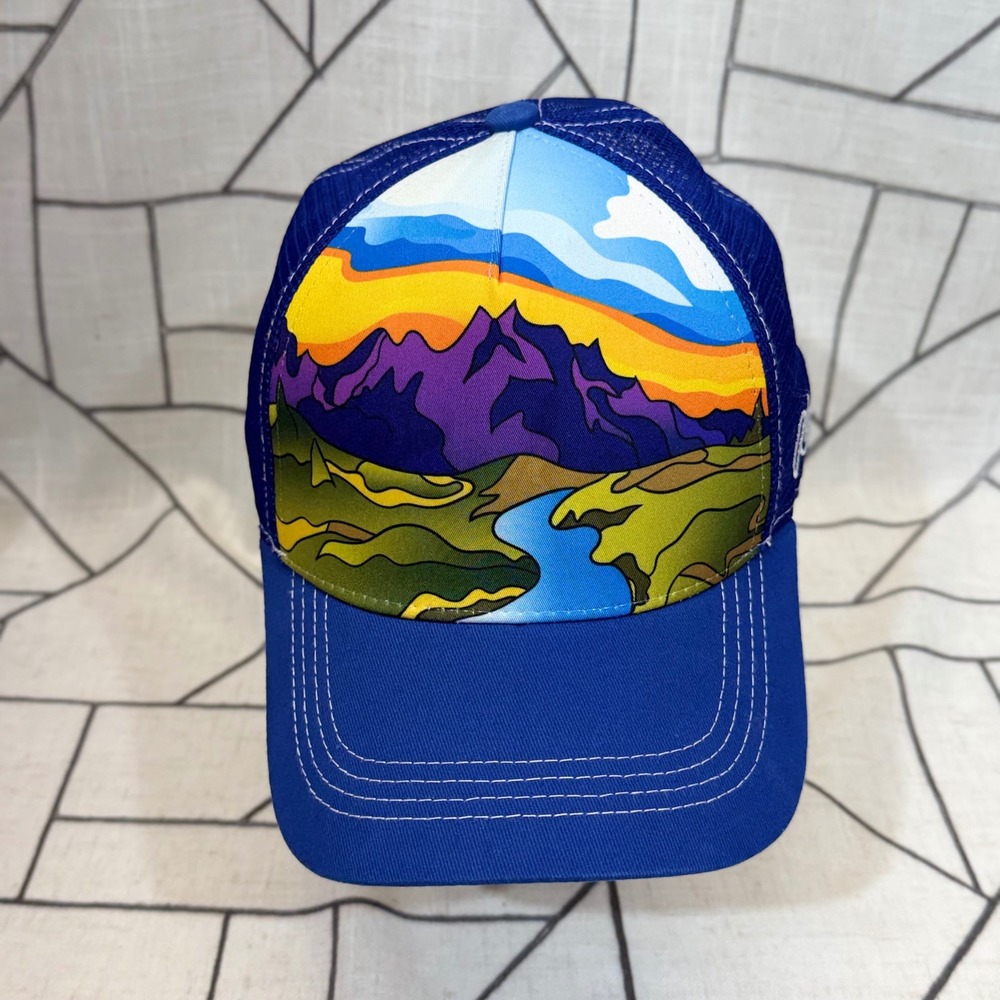 Aksels Trucker Hat OSFM Blue Mountain Landscape Graphic Snapback Mesh Cap